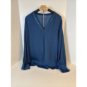 Vince Camuto Studded Rumple Long Sleeve Teal Satin Like Blouse Top Women's 3x